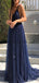 Cheap Saghetti Straps Navy Blue V-neck Sequin A-line Long Fashion Prom Dresses PD1447