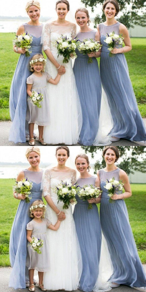 Cheap Simple A-Line Round Neck Floor-Length Grey Blue Chiffon Bridesmaid Dresses, WG241 - SposaBridal