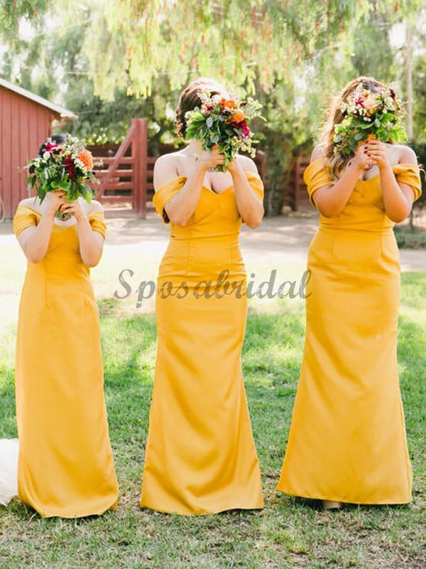 Cheap Yellow Pleating Off Shoulder Sheath Simple Elegant Long Bridesmaid Dresses WG587