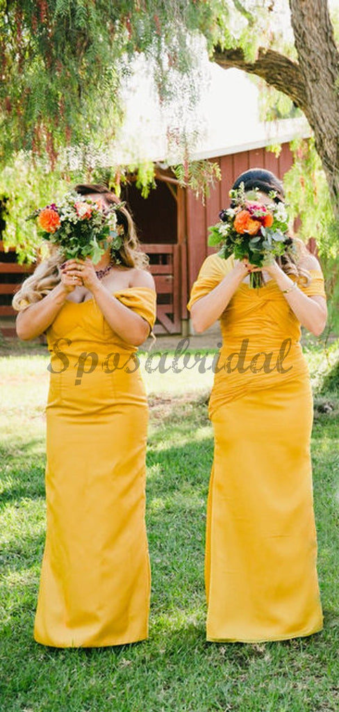 Cheap Yellow Pleating Off Shoulder Sheath Simple Elegant Long Bridesmaid Dresses WG587