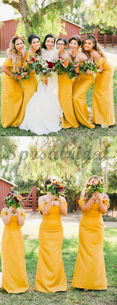 Cheap Yellow Pleating Off Shoulder Sheath Simple Elegant Long Bridesmaid Dresses WG587