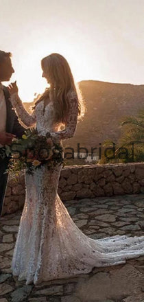 Country Full Lace Mermaid Long Sleeves Open Back Modest Wedding Dresses WD0447