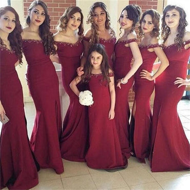 Off Shoulder Burgundy Side Slit Mermaid Elegant New Arrival Bridesmaid Dresses , PD219