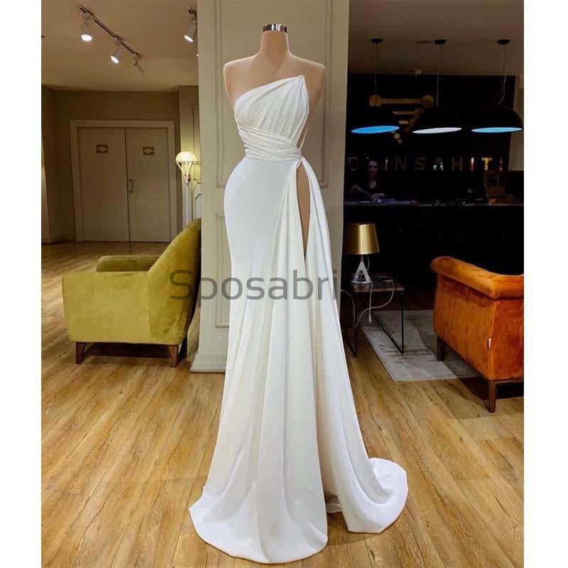 Custom Mermaid High Slit Long Unique Satin Modest Simple Prom Dresses PD1935