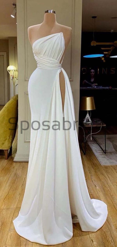 Custom Mermaid High Slit Long Unique Satin Modest Simple Prom Dresses PD1935