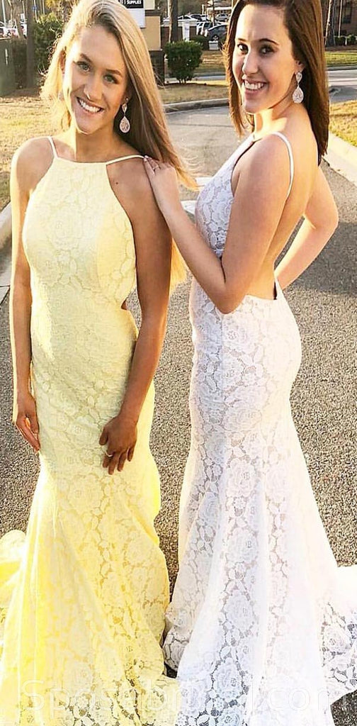 Custom Mermaid Yellow Open Bck Spaghetti Straps lace Long Prom Dresses, PD1355