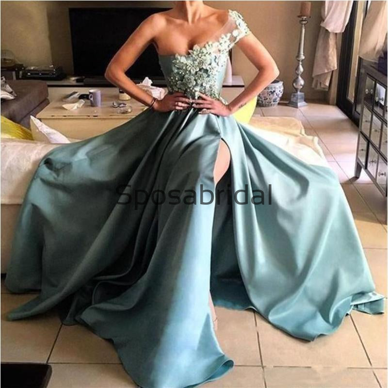 Custom One Shoulder Side Slit Satin A-line Long Formal Prom Dresses, Party Dress PD1875