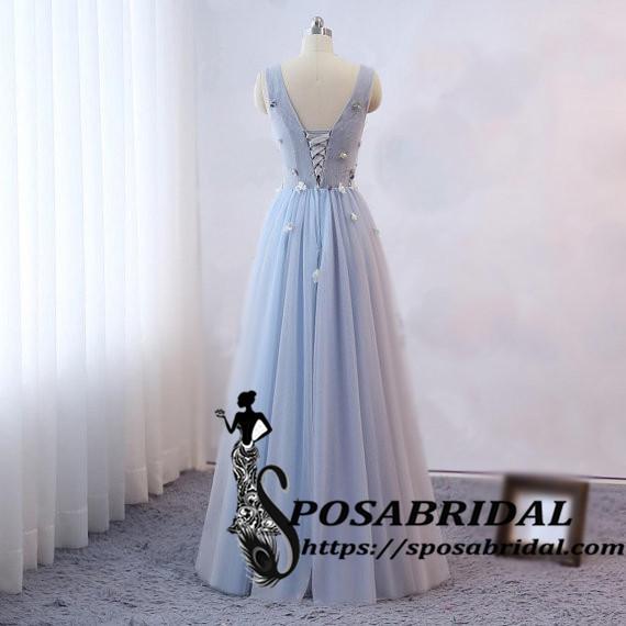 Long Blue Tulle Custom Bridesmaid Dresses, V-Neck Sleeveless Prom Dresses ,WG323