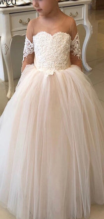Cute A-line Long Sleeves Lace Tulle Illusion Flower Girl Dresses FG154