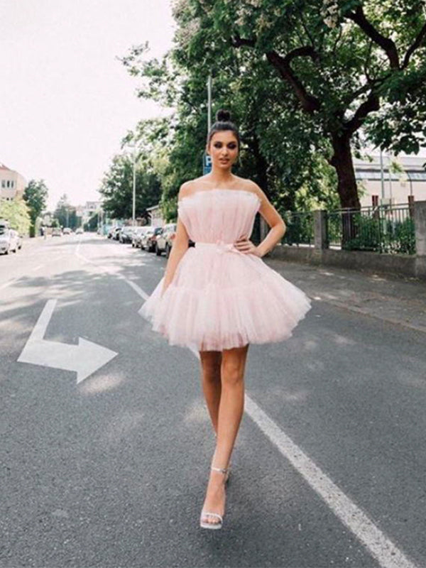 Cute Blush Pink Pleats With Bow Tie Belt Short A-line Mini Homecoming Dress, HD3085