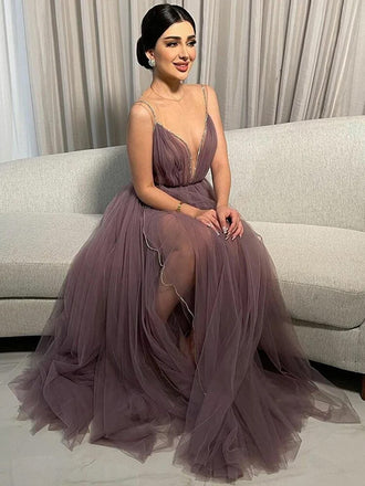 Sexy Elegant Dusty Purple V-neck Illusion A-line Long Prom Dress, PD3493