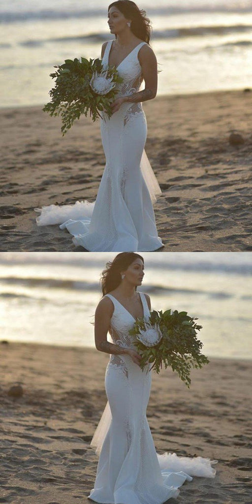 Deep V-Neck Sweep Train Mermaid Beach Long Sexy Popular Wedding Dresses with Lace, WD0205