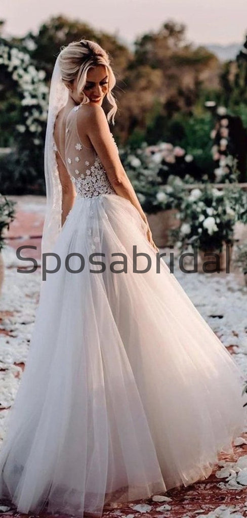 Elegant A-Line V Neck Tulle Long Beach Wedding Dresses With Appliques WD0541