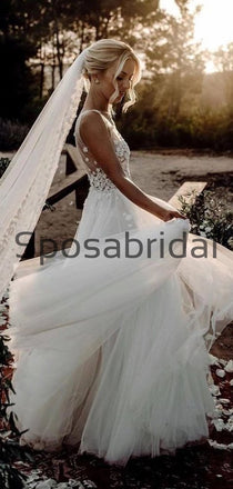 Elegant A-Line V Neck Tulle Long Beach Wedding Dresses With Appliques WD0541