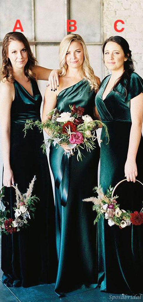 Elegant Dark Green Velvet  Mismatched Long Cheap Bridesmaid Dresses, WG932