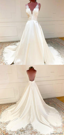 Elegant Vintage Lace Applique Illusion V-neck A-line Long Wedding Dress, WD3000