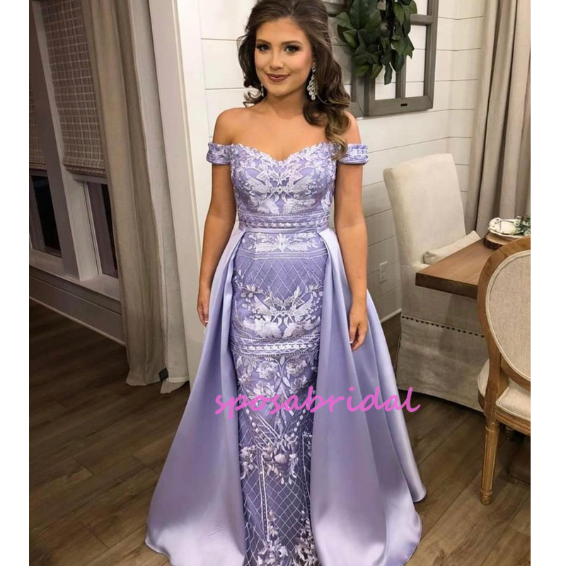 Elegant Off- The-shoulder Detachable Train Applique A-line Prom Dress, PD3005