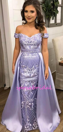 Elegant Off- The-shoulder Detachable Train Applique A-line Prom Dress, PD3005