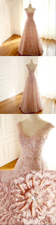 Floor-length V Neck Long Blush Pink Bridal Dresses, Pretty Elegant Most Popular Lace Wedding Dresses, WD0272