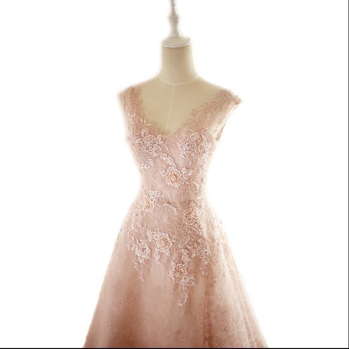Floor-length V Neck Long Blush Pink Bridal Dresses, Pretty Elegant Most Popular Lace Wedding Dresses, WD0272