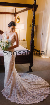 Full Lace V-Neck Mermaid Beach Vintage Long Wedding Dresses WD0545