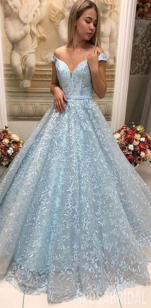 Gorgeous Custom Made New Arrival Light Blue Lace Ball Gown, Off Shoulder Prom Dresses, Formal Evening Dress, PD1312