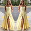 Gorgeous Spaghetti Straps Yellow Long Prom Dresses with Slit, Simple Modest Prom Dress, PD1356