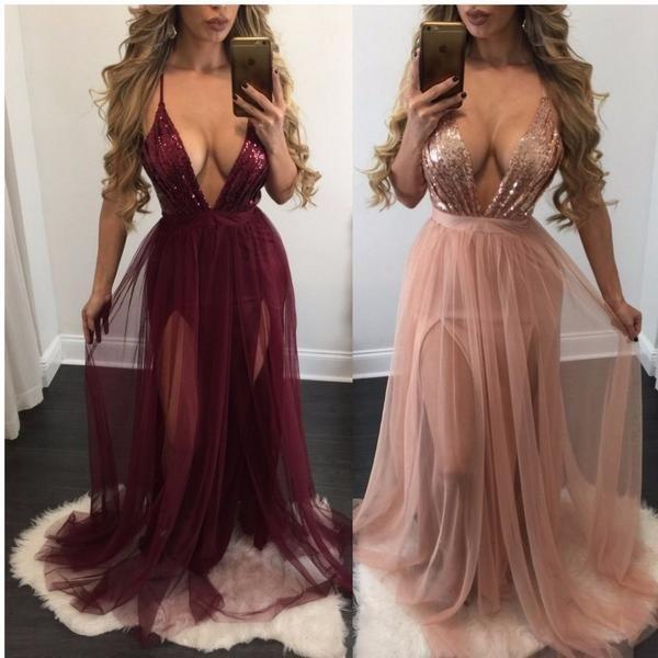 Pink and Burgundy Deep V Neck Sequin Sexy A-line Long Prom Dress, PD0312