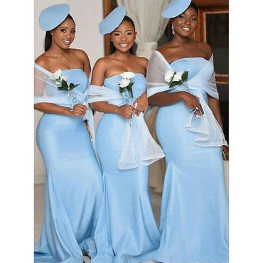 Baby Blue Modest Sexy Strapless Mermaid Long Bridesmaid Dress, WG898