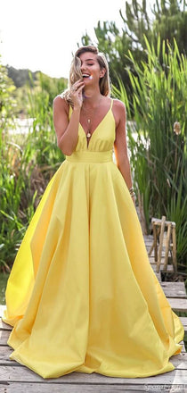 Light Pastel Yellow Sexy Spaghetti Straps V-neck Long Empire Prom Dresses, PD0951