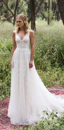 Long Lace V-Neck Vintage Country Beach Simple Soft Wedding Dresses  WD0302