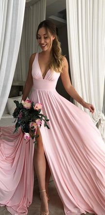 Long A-line Pink Soft V Neck Side Slit Modest Simple Bridesmaid Dresses, WG515