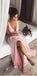 Long A-line Pink Soft V Neck Side Slit Modest Simple Bridesmaid Dresses, WG515