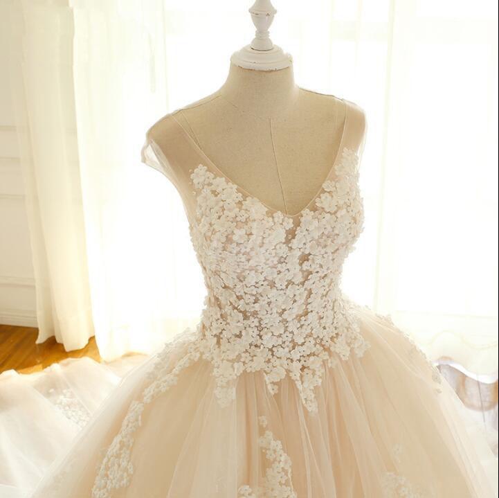 Long Elegant Formal V Neck Wedding Dresses, Asymmetric Back Lace Appliques with Zipper back Bridal Gown , WD0275