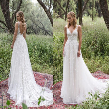 Long Lace V-Neck Vintage Country Bohemian  Beach Simple Soft Wedding Dresses with train ,WD0302