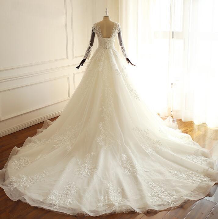 Long Sleeves A-ling Bridal Gowns, Ivory Beach Scoop Lace UP Back Wedding Dresses With Train , WD0276