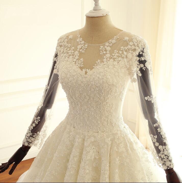 Long Sleeves A-ling Bridal Gowns, Ivory Beach Scoop Lace UP Back Wedding Dresses With Train , WD0276