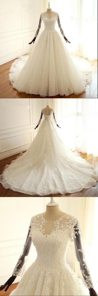 Long Sleeves A-ling Bridal Gowns, Ivory Beach Scoop Lace UP Back Wedding Dresses With Train , WD0276