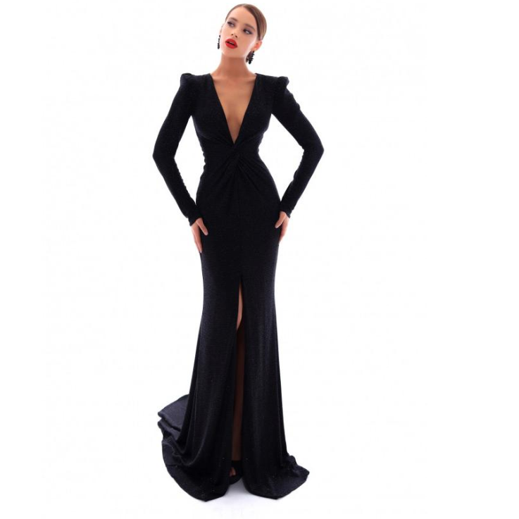 Long Sleeves Sheath Black Mermaid Deep V neck Side Slit Modest Prom Dresses,PD1352