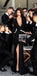 Long Sleeves Sheath Black Mermaid Deep V neck Side Slit Modest Prom Dresses,PD1352