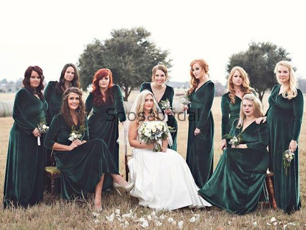 Long Sleeves V-Neck Green Mermaid Popular Modest Cheap Bridesmaid Dresses WG630