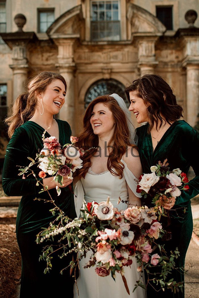 Long Sleeves V-Neck Green Mermaid Popular Modest Cheap Bridesmaid Dresses WG630