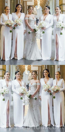 Long Sleeves V Neck Side Slit Simple Elegant Formal Modest Inexpensive Bridesmaid Dresses, WG546
