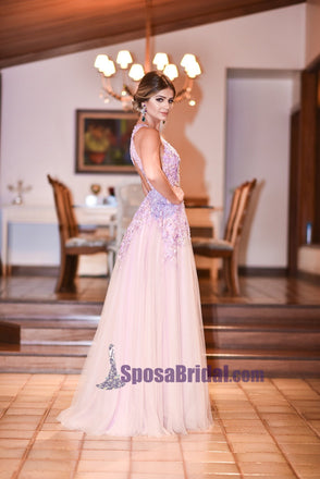 A-Line Open Back Lace V-Neck Tulle Formal Elegant Floor-Length Prom Dresses, Fashion Prom dress, PD0690 - SposaBridal