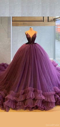 Luxury Purple A-line Spaghetti Strap Ruffle Tulle Elegant Long Prom Dress, Ball Gown, PD1989