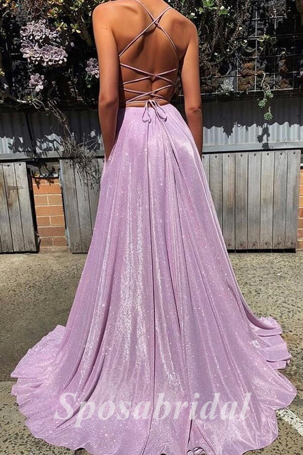 Sexy Special Fabric Spaghetti Straps V-Neck Sleeveless Criss Cross Side slit A-Line Long Prom Dresses, PD3604