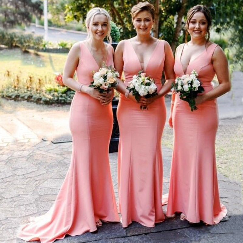 Mermaid Pink V-Neck Simple Elegant Formal Long Bridesmaid Dresses WG856