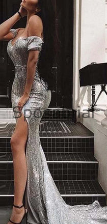 Mermaid Sparkly Sliver Sequin Off the Shoulder Modest Prom Dresses PD2053