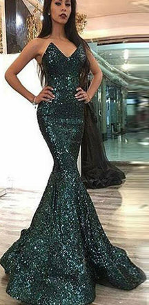 Mermaid Sweetheart Sweep Train Green Sequined Sparkly Stunning Long Prom Dresses, PD1239