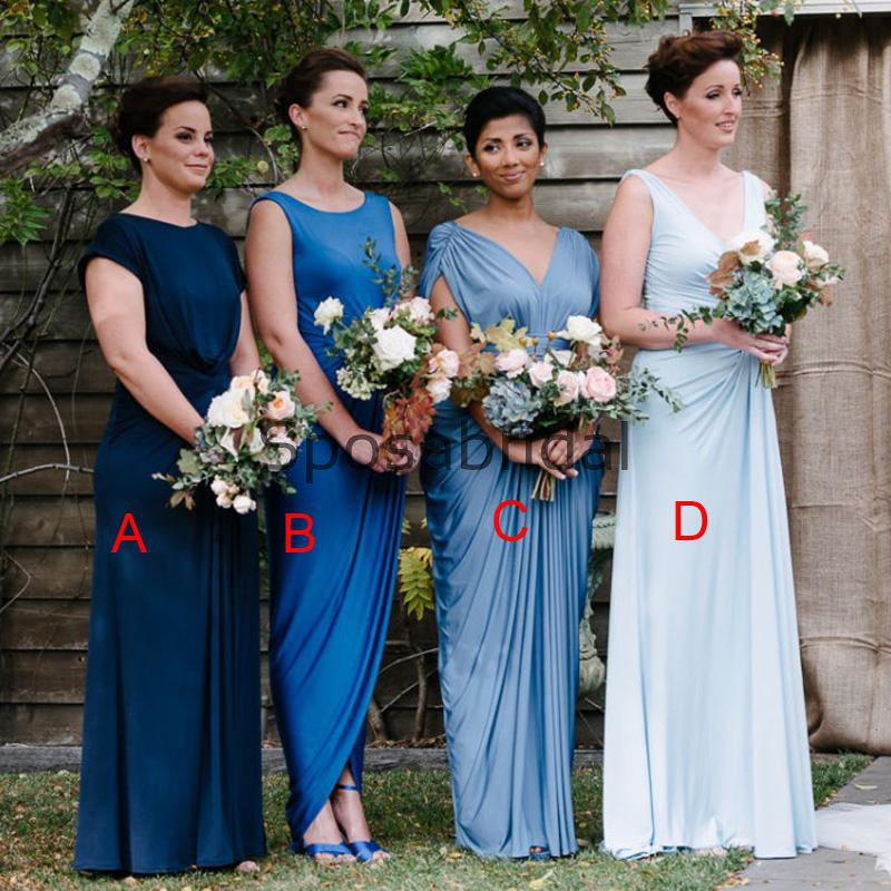 Mismatched Simple Blue Jersey Custom Beach Long Bridesmaid Dresses WG818